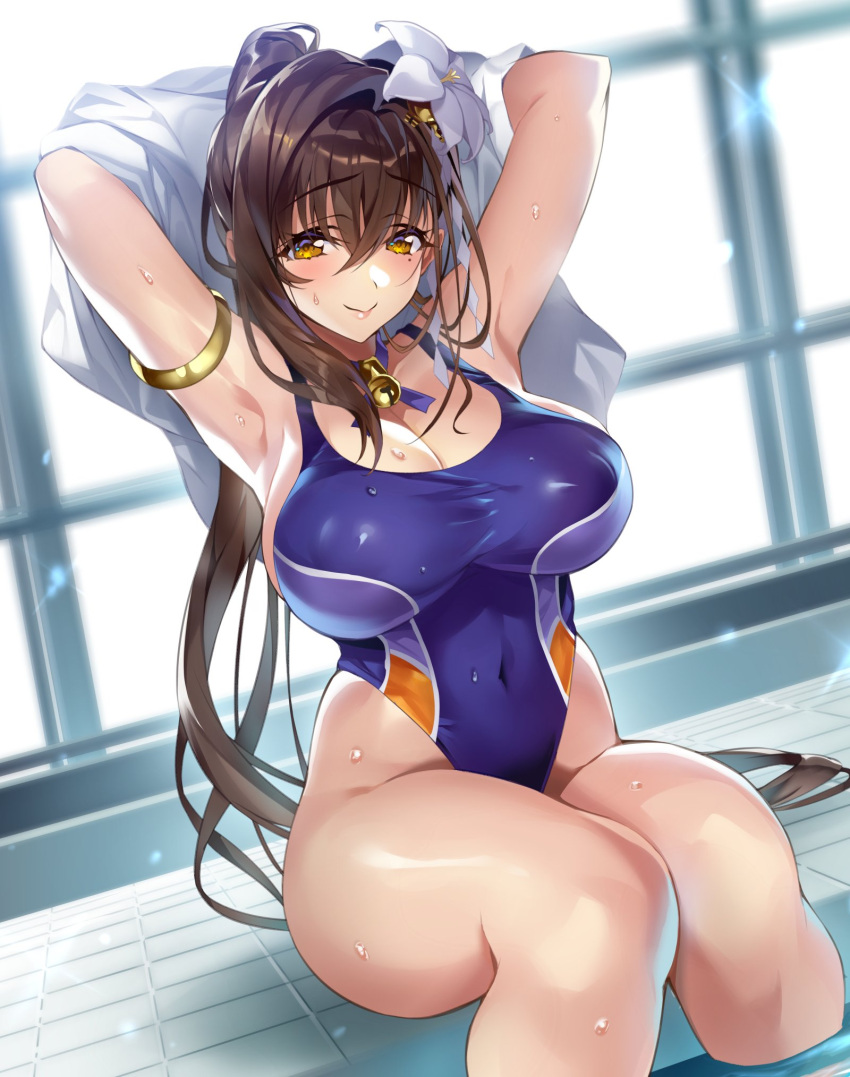 1girls armlet bell_choker blue_one-piece_swimsuit blue_swimsuit breasts brown_hair choker competition_swimsuit covered_navel feet_in_water flower_in_hair gan_(shanimuni) highleg highleg_swimsuit kanpani_girls large_breasts looking_at_viewer mole mole_under_eye nipple_bulge one-piece_swimsuit ponytail pool poolside shirayuri_sakura sitting swimsuit towel wet window yellow_eyes