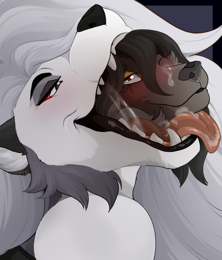 anthro bla-bla-saur black_hair bodily_fluids caleo_(caleodrahirit) canid canine canis duo egyptian female female/female hair helluva_boss hi_res loona_(helluva_boss) mammal mouth_shot neck_bulge open_mouth predator/prey prey red_eyes saliva soft_vore swallowing vore white_hair willing_prey wolf