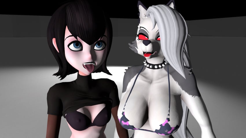 2girls ahe_gao anthro bikini black_hair breasts crossover duo female female_only furry goth goth_furry goth_girl gray_hair helluva_boss hotel_transylvania hugor34ya human loona_(helluva_boss) mavis_dracula red_eyes underwear vampire wolf yuri