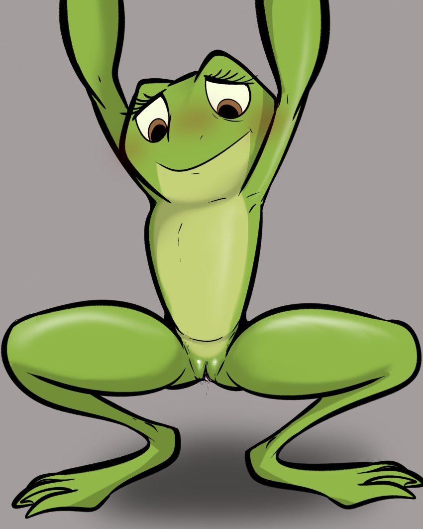 amphibian anthro blush disney disney_princess female flat_chested frog genitals hi_res illegaleel leaking leaking_pussy looking_down png princess_tiana pussy simple_background solo spread_legs spreading the_princess_and_the_frog