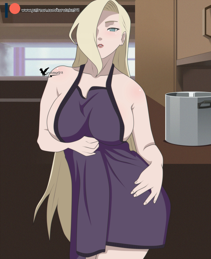 1girls agung911 alternate_breast_size apron bare_shoulders big_breasts blonde_hair blue_eyes breasts breasts_out cleavage eyelashes female female_only hair_over_one_eye huge_breasts human ino_yamanaka lipstick long_hair looking_at_viewer naked_apron naruto naruto:_the_last pink_lipstick sideboob solo standing text watermark wide_hips