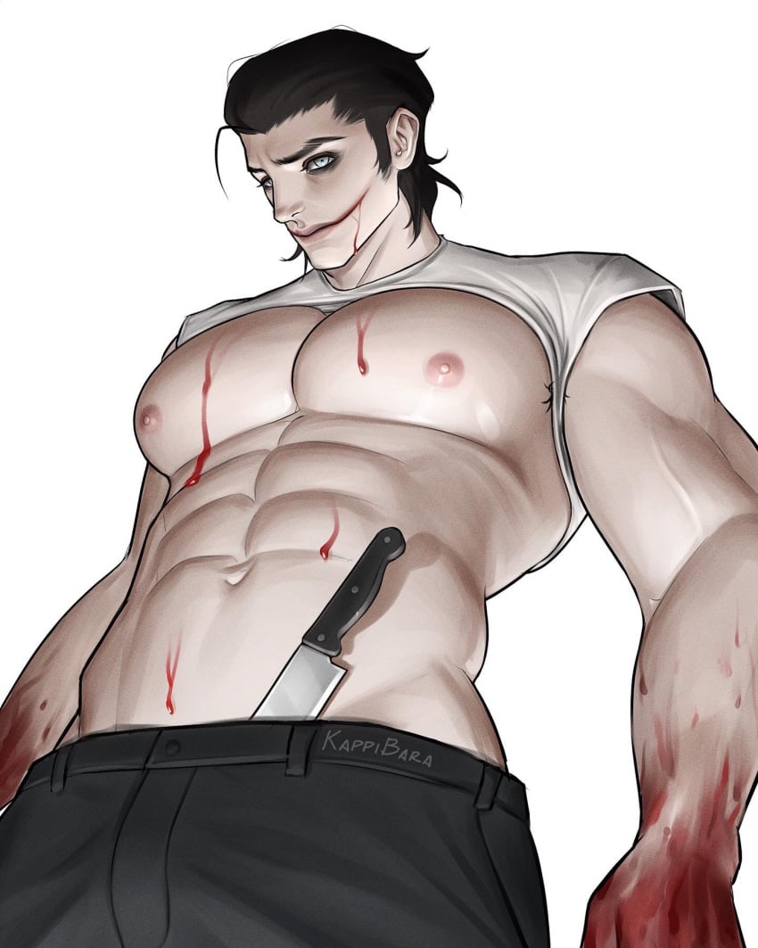 big_pecs creepypasta glasgow_smile jeff_the_killer kappibara knife male male_only muscles muscular muscular_male shirt_lift