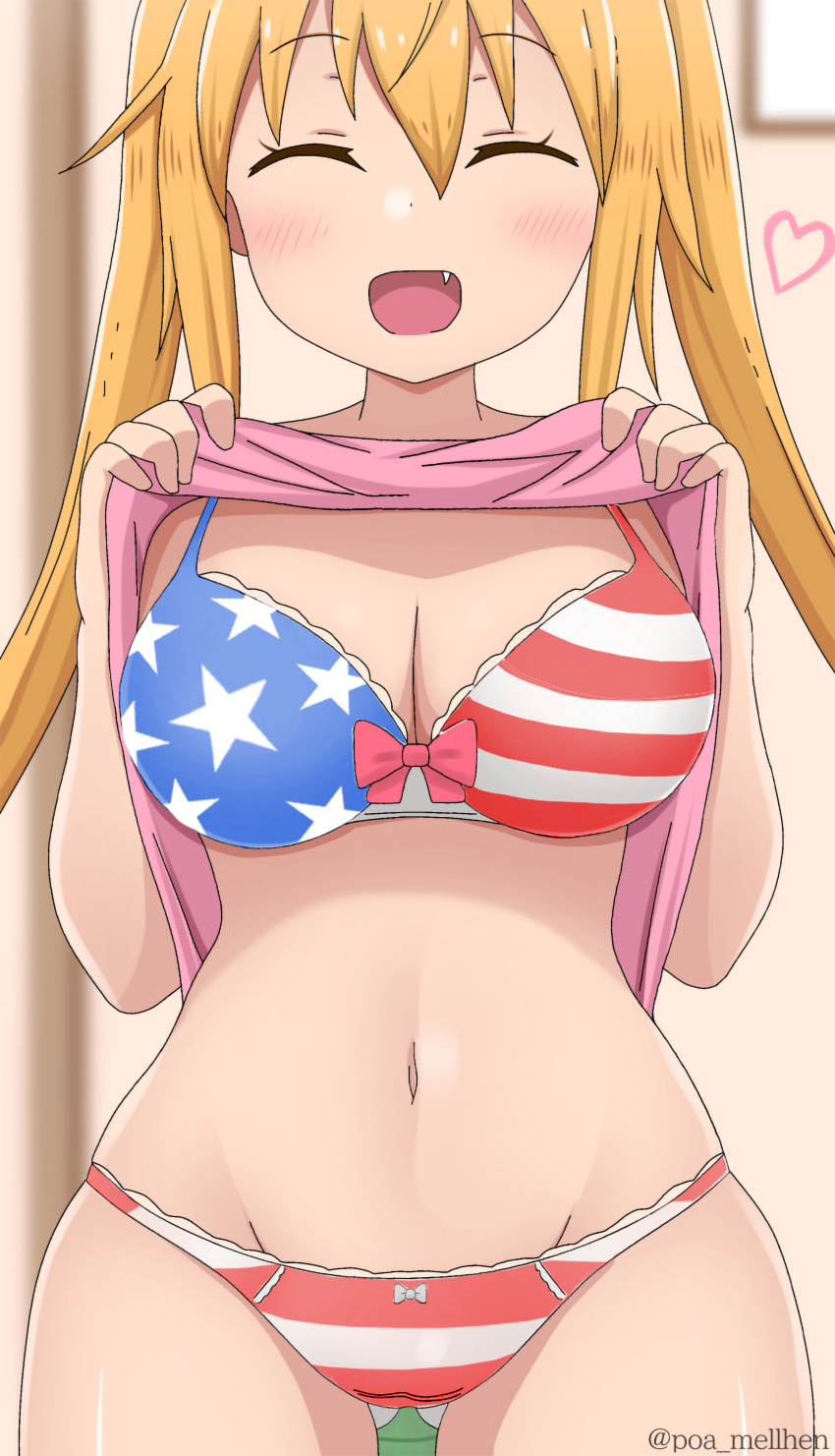 1girls ^_^ absurd_res american_flag american_flag_bikini artist_name ass_visible_through_thighs belly belly_button big_breasts blonde_hair blush bra breasts cleavage closed_eyes edit edited eyebrows_visible_through_hair fang fangs female female_only flag_bikini flag_print heart hi_res hips kobayashi-san_chi_no_maidragon lifted_by_self long_hair midriff miss_kobayashi's_dragon_maid navel open_mouth panties poa_mellhen ribbon shirt_lift small_waist smile solo solo_female stars striped_bikini striped_panties stripes tail thick_thighs thigh_gap thighs tohru_(dragon_maid) underwear wide_hips