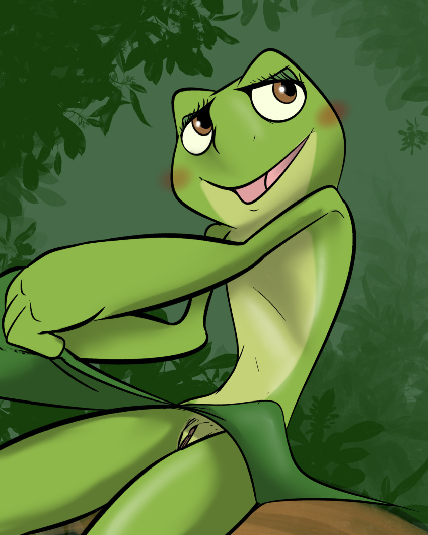 amphibian anthro blush disney disney_princess female flat_chested frog genitals hi_res illegaleel outside princess_tiana pussy solo the_princess_and_the_frog upskirt