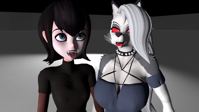 2girls ahe_gao anthro black_hair crossover dressed duo female female_only furry goth goth_furry goth_girl gray_hair helluva_boss hotel_transylvania hugor34ya human loona_(helluva_boss) mavis_dracula red_eyes vampire wolf yuri