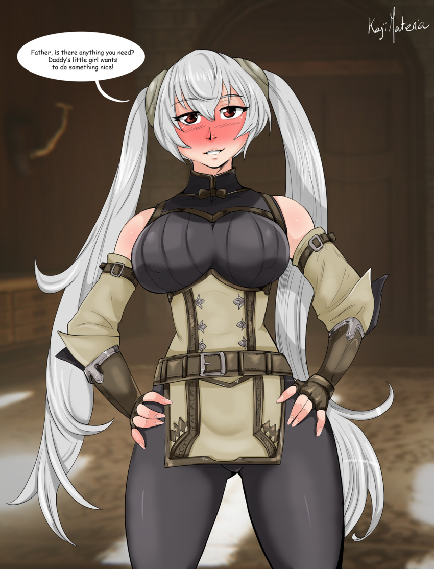 1girls alternate_breast_size ass_visible_through_thighs big_breasts blush breasts english_text female female_only fingerless_gloves fire_emblem fire_emblem_awakening gloves grey_hair grin indoors kajimateria large_breasts long_hair looking_at_viewer nintendo red_eyes severa_(fire_emblem) smile solo text thighs twintails very_long_hair