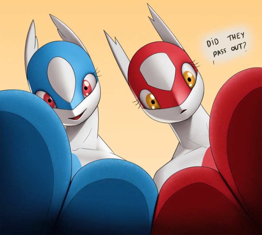 2022 anthro anthrofied big_breasts breast_squish breasts continuity_error creatiffy duo eyelashes female generation_3_pokemon hi_res huge_breasts latias latios legendary_pokemon low-angle_view mtf_crossgender multicolored_body nintendo open_mouth open_smile pokémon_(species) pokemon pokemon_(species) rule_63 smile squish two_tone_body