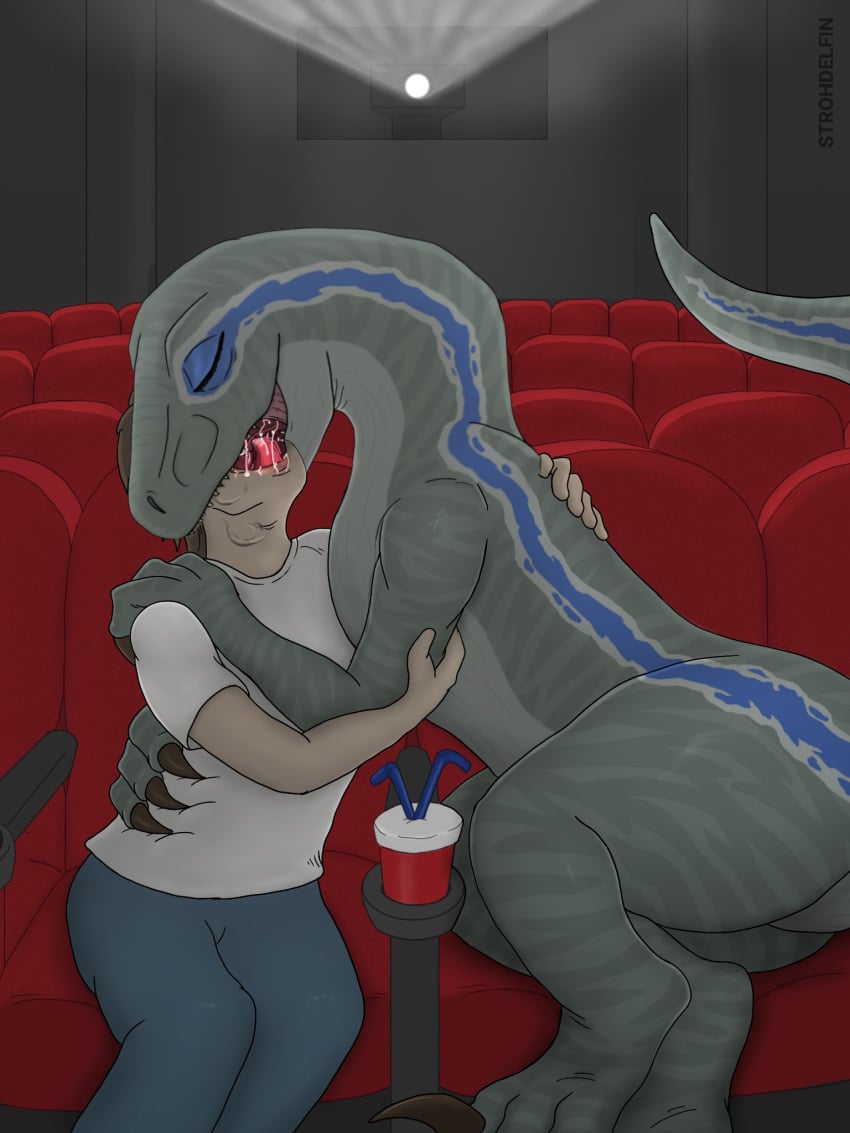 blue_(jurassic_world) claws closed_eyes clothing deep_kissing dinosaur dromaeosaurid duo embrace extreme_french_kiss fanficsean female feral french_kissing hi_res hug human human_on_feral interspecies jurassic_park jurassic_world kissing licking male male/female male_on_feral mammal movie_theater open_mouth reptile scalie size_difference strohdelfin teeth theropod tongue tongue_kiss tongue_out universal_studios velociraptor zoophilia