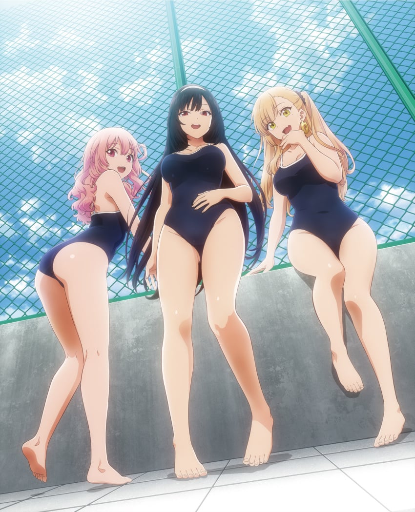 3girls :d arm_support ass bare_legs bare_shoulders barefoot black_hair black_scrunchie blonde_hair blue_one-piece_swimsuit breasts cat_earrings chain-link_fence cleavage cloud collarbone competition_school_swimsuit cute_fang feet fence first_porn_of_character full_body gyaru hair_ornament hair_rings hair_scrunchie hairband hand_on_own_stomach hartman_hips highres inu_ni_nattara_suki_na_hito_ni_hirowareta inukai_karen key_visual kneepits large_breasts legs light-skinned_gyaru long_hair looking_at_viewer looking_back mole mole_under_eye morita_kazuaki multiple_girls nekotani_mike official_art ojou-sama_pose one-piece_swimsuit one_side_up outdoors pink_eyes pink_hair promotional_art red_eyes school_swimsuit scrunchie sitting skin_fang sky smile standing swimsuit teeth tile_floor tiles toes tsukishiro_usagi two_side_up upper_teeth_only very_long_hair wavy_hair white_hairband yellow_eyes