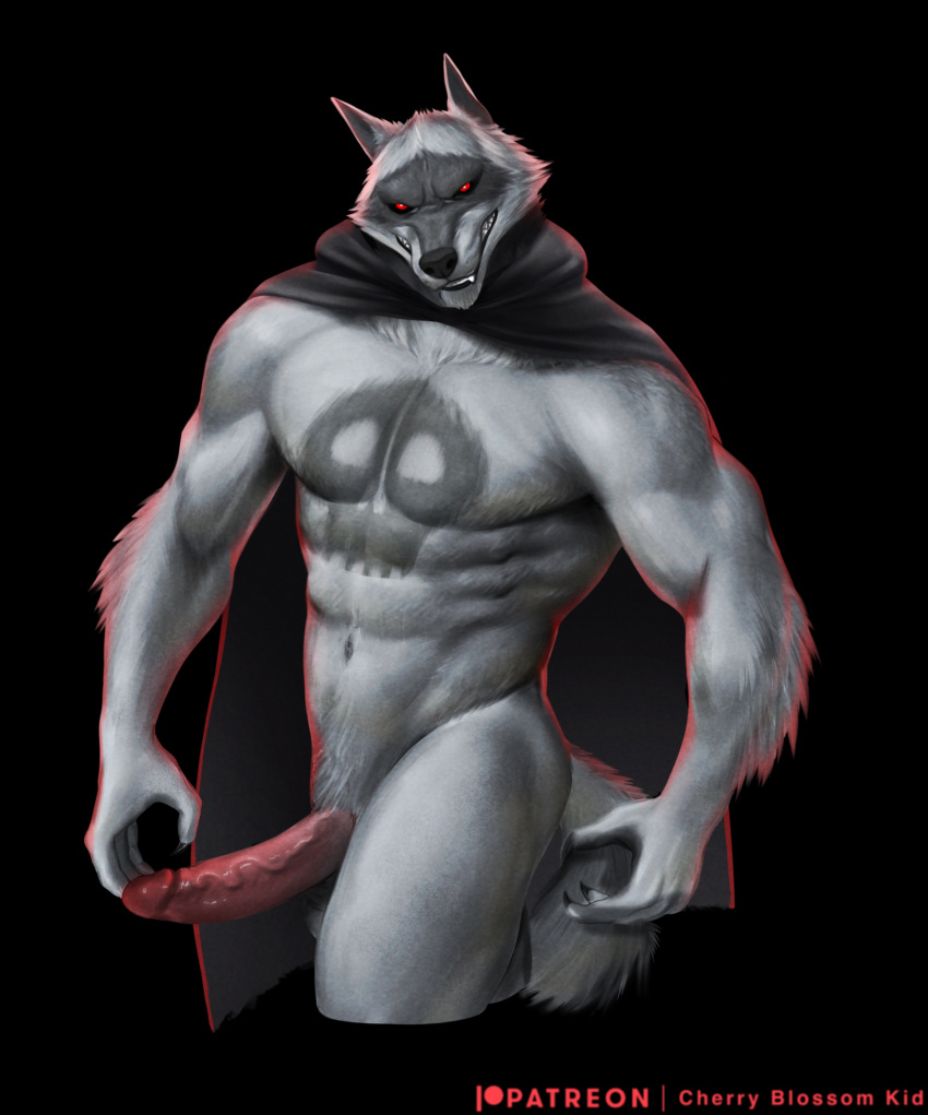 2023 anthro balls black_background black_nose canid canine canis cherry_blossom_kid cloak clothing death_(puss_in_boots) digital_media_(artwork) fur genitals grey_body grey_fur hi_res humanoid_genitalia humanoid_penis male male_only mammal muscular muscular_anthro muscular_male penis puss_in_boots_the_last_wish red_eyes simple_background solo wolf