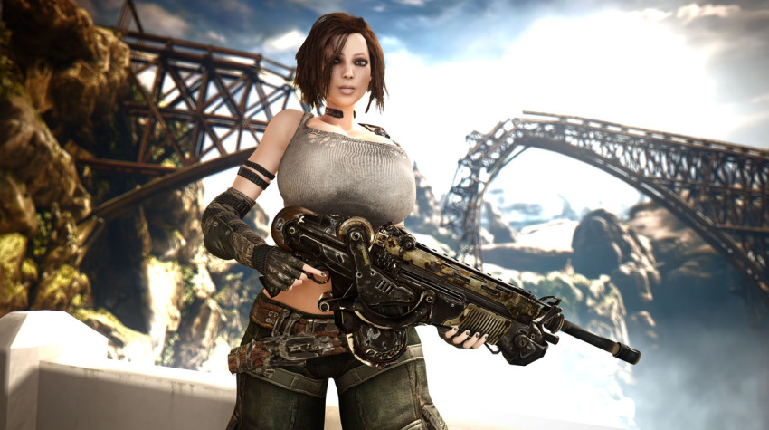 1girls 3d 3d_(artwork) alternate_breast_size big_breasts breasts brown_hair brunette bulletstorm busty cleavage clothed clothed_female curvaceous curvy curvy_figure electronic_arts epic_games eyebrows eyelashes eyes female female_focus female_only female_solo gun hair hips holding_gun holding_object holding_weapon hourglass_figure huge_breasts human human_female human_only human_solo hyper_breasts large_breasts legs light-skinned_female light_skin lips people_can_fly short_hair solo solo_female thick_legs thick_lips thick_thighs thighs top_heavy trishka_novak upper_body vaako voluptuous weapon wide_hips