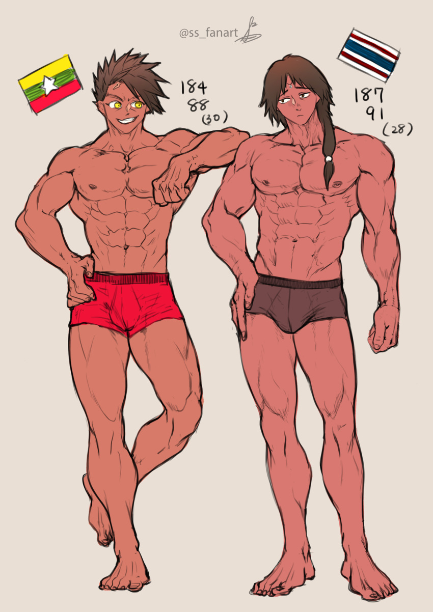 2boys abs briefs brown_hair bulge circlet dark-skinned_male dark_skin facial_scar flag full_body gaolang_wongsawat grin hand_on_hip height_chart kengan_(series) kengan_ashura long_hair long_hair_male looking_at_another low-tied_long_hair low_ponytail male_only muscular muscular_male pecs smile spiky_hair ss_fanart standing tied_hair topless topless_male underwear underwear_only yellow_eyes yoroizuka_saw_paing