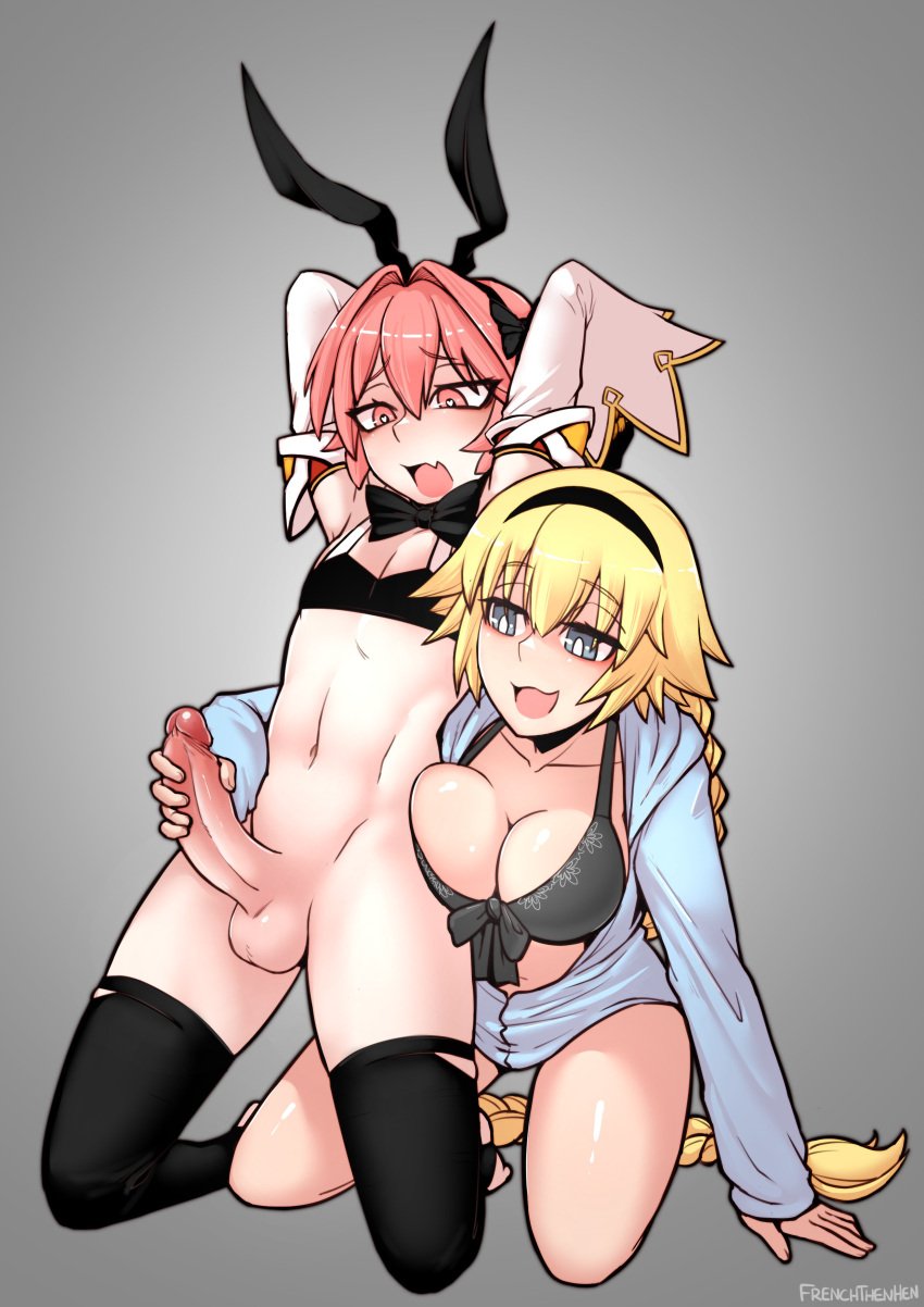 1boy 1girls absurdres animal_ears arm_support arms_up assertive_female astolfo_(fate) black_hairband black_thighhighs blonde_hair braid braided_ponytail breasts bright_pupils cleavage collarbone cute_fang fake_animal_ears fate/apocrypha fate_(series) female femboy femboy_on_female frenchthenhen grey_background grey_eyes hairband handjob highres hood hood_down jeanne_d'arc_(fate) kneeling large_breasts navel open_mouth otoko_no_ko penis pink_hair rabbit_ears reach_around simple_background skin_fang smile straight testicles thighhighs uncensored white_pupils