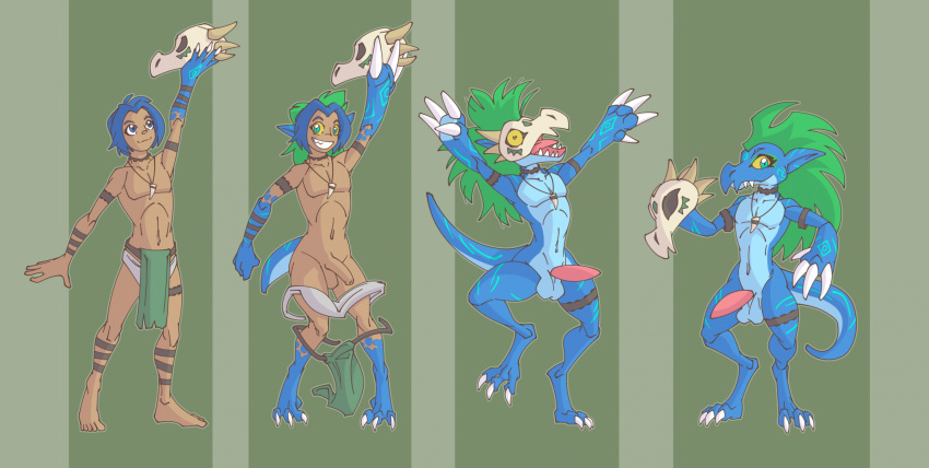 anthro athletic athletic_male balls blue_body blue_hair blue_scales bone claws erection genitals green_hair hair hi_res hukeng human_to_anthro humanoid jewelry kobold loincloth_only male markings necklace nude penis scales scalie skull solo species_transformation standing tattoo transformation transformation_sequence