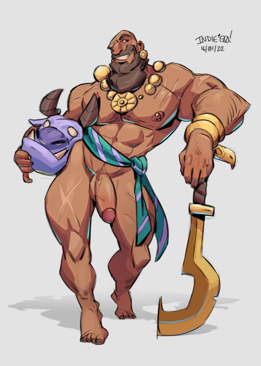 1boy arts_of_indiego bald balls bara beard big_penis civilization civilization_vi facial_hair gilgamesh_(civilization) male male_only muscles muscular penis public_domain smiling solo solo_male weapon