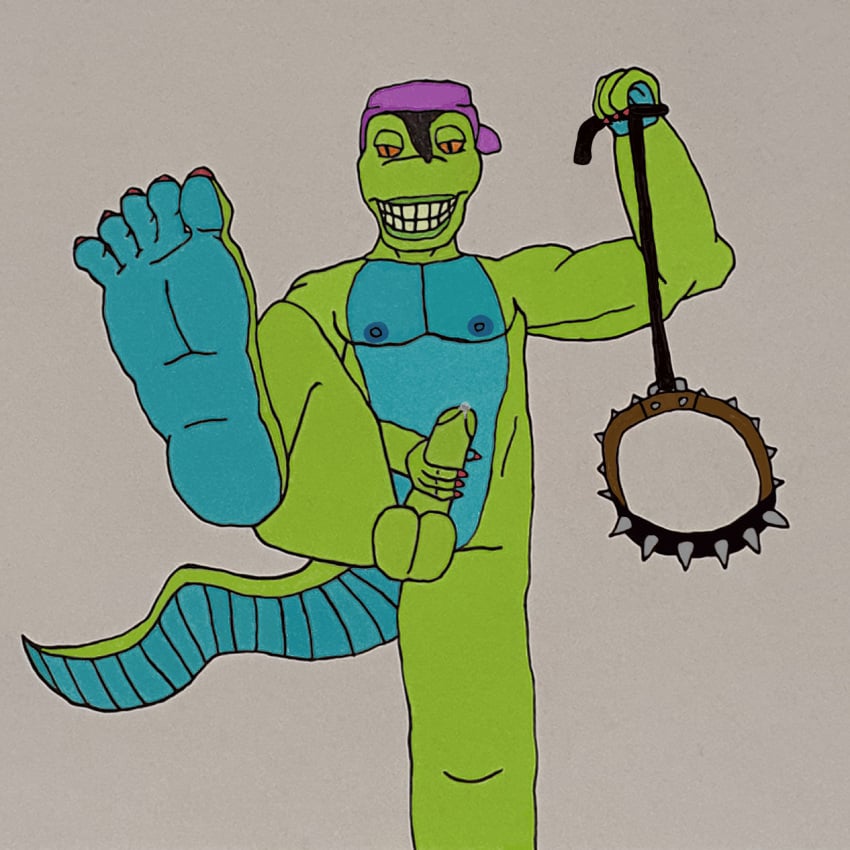 1boy animal anthro bad_art balls bondage collar dominant dominant_male dripping_penis feet flexing flexing_bicep foot_fetish gecko green_balls green_penis green_skin gubliak83369 hat horny humanoid humanoid_penis leaking_precum leash leash_and_collar looking_at_viewer male masturbating masturbation mondo_gecko muscles mutant ninja_turtles penis precum purple_hat red_eyes smile solo submissive_viewer teenage_mutant_ninja_turtles tmnt tmnt_1987 yaoi