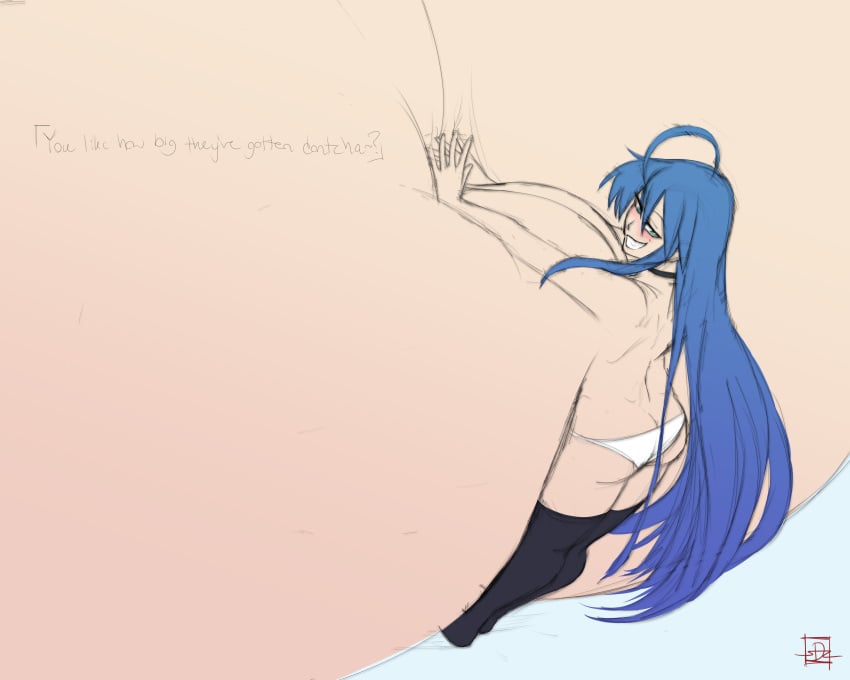 1girls alternate_version_available ass blue_hair breast_rest breasts_bigger_than_head breasts_bigger_than_torso colossal_breasts dotintheparadox enormous_breasts gigantic_breasts grin huge_breasts hyper hyper_breasts immobile konata_izumi looking_at_viewer looking_back lucky_star massive_breasts on_breasts panties sapsavana smug tagme talking talking_to_viewer