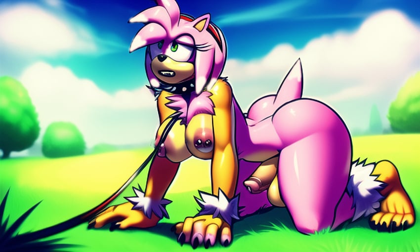 1futa 4_toes ai_generated all_fours amy_rose amy_rose_the_werehog ankle_tuft anthro barefoot bitch_taken_for_walk breasts chest_tuft claws digitgrade fangs feet furry furry_only futa_only futanari leash looking_up mobian_(species) nipple_piercing open_mouth outside sega slave sonic_(series) sonic_the_hedgehog_(series) spiked_collar teeth toe_claws toes two_tone_hair walkies werehog wrist_tuft