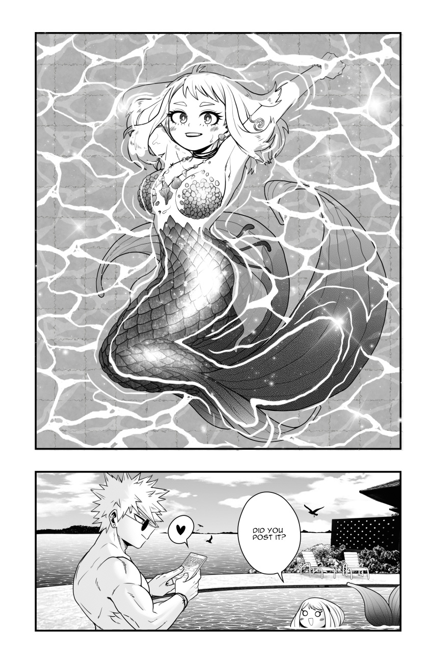 1boy 1girls comic comic_page english_text female female_focus katsuki_bakugou mermaid my_hero_academia niverins ochako_uraraka pool poolside spiky_hair water