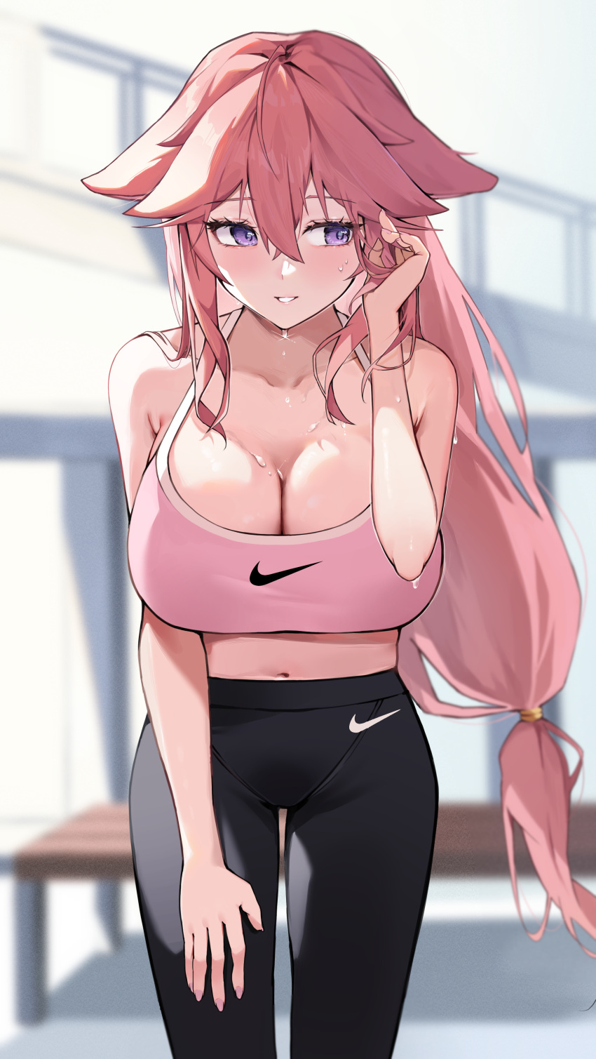 1girls breasts cleavage company_logo female fox_ears fox_girl genshin_impact harui_(huruyi817) huge_breasts kitsune large_breasts long_hair midriff navel nike_logo pink_hair purple_eyes sapsavana sports_bra sportswear yae_miko yoga_pants