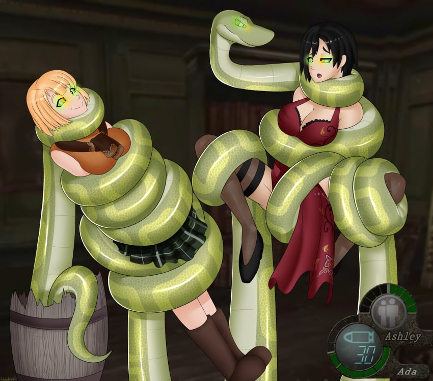 2022 ada_wong ashley_graham ashley_graham_(brooke_elizabeth_mathieson) asphyxiation big_breasts black_hair blonde_hair breast_squeeze breasts capcom coiling coils constriction corruption femsub g-lahndi game_ui hi_res hypnosis hypnotic_eyes kaa_eyes mind_control reptile resident_evil resident_evil_4 restrained snake squeezing strangling