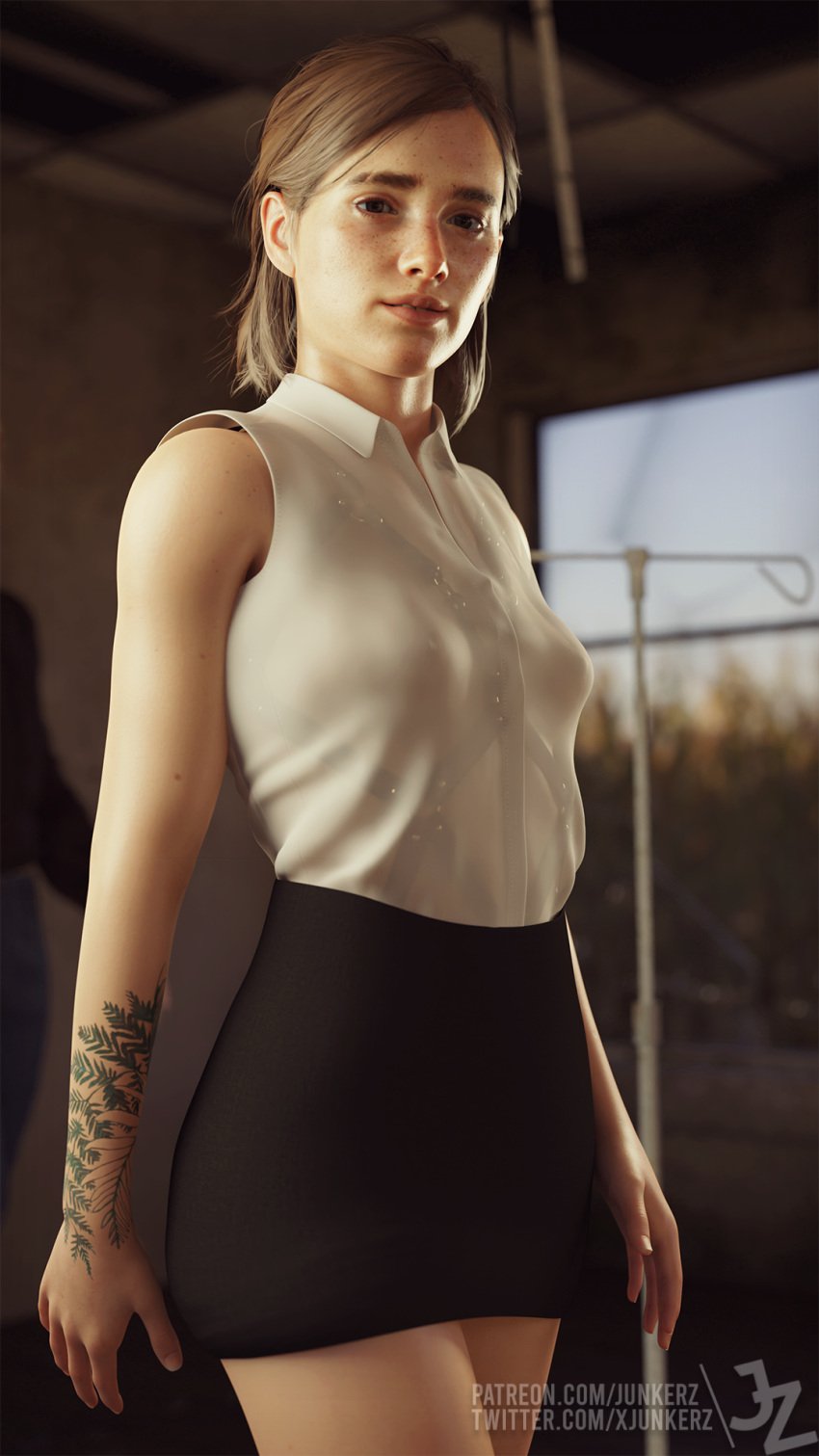 1girls 3d 3d_(artwork) arm_tattoo bare_arms bare_legs bare_shoulders bare_thighs breasts_visible_through_clothing brown_hair clothed_female clothing ellie_(the_last_of_us) ellie_williams female female_focus female_only freckles hi_res highres junkerz looking_at_viewer naughty_dog nipples_visible_through_clothing shirt short_hair skirt solo solo_female solo_focus sony_interactive_entertainment tattoo tattoo_on_arm tattooed_arm the_last_of_us the_last_of_us_2 transparent_clothing