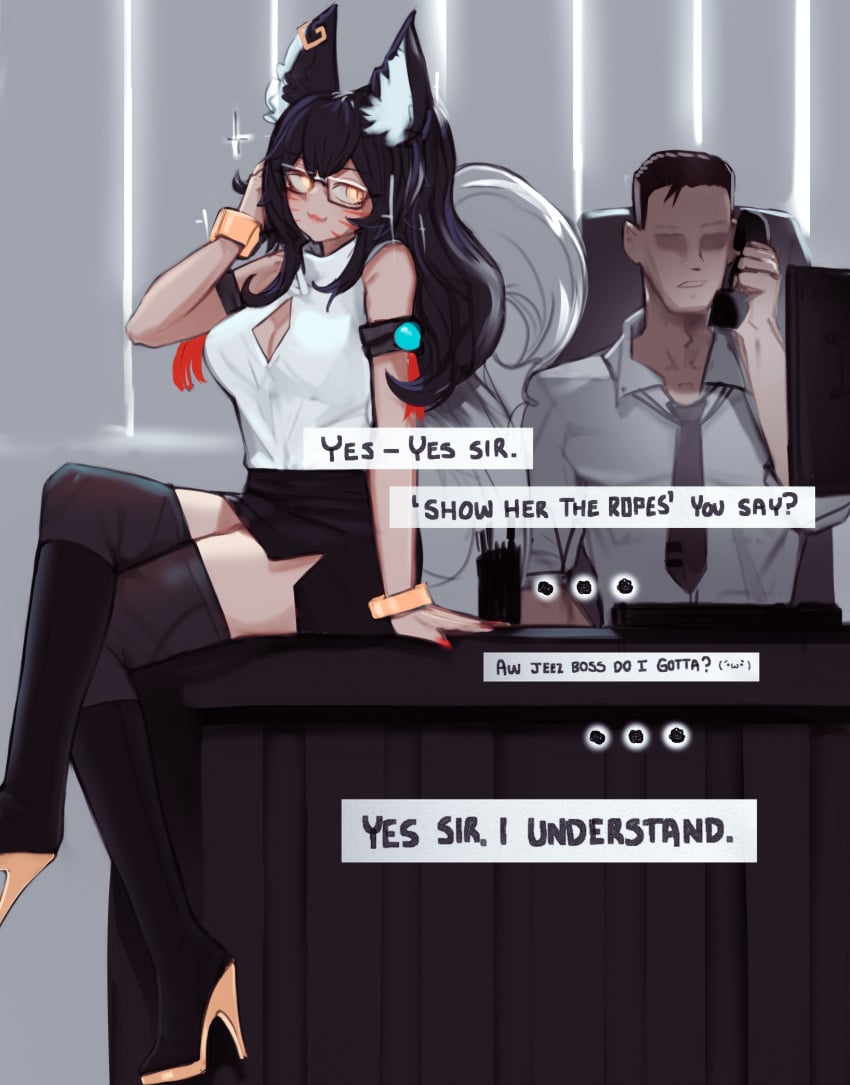 1boy 1girls absurdres ahri animal_ear_fluff animal_ears black_footwear black_hair black_legwear bondage_boots breasts ehrrr english_text female fox_ears fox_tail high_heel_boots high_heels highres indoors knee_boots large_breasts league_of_legends legwear lipstick long_hair male office office_lady secretary shirt skirt sleeveless_shirt tagme thighhighs white_shirt