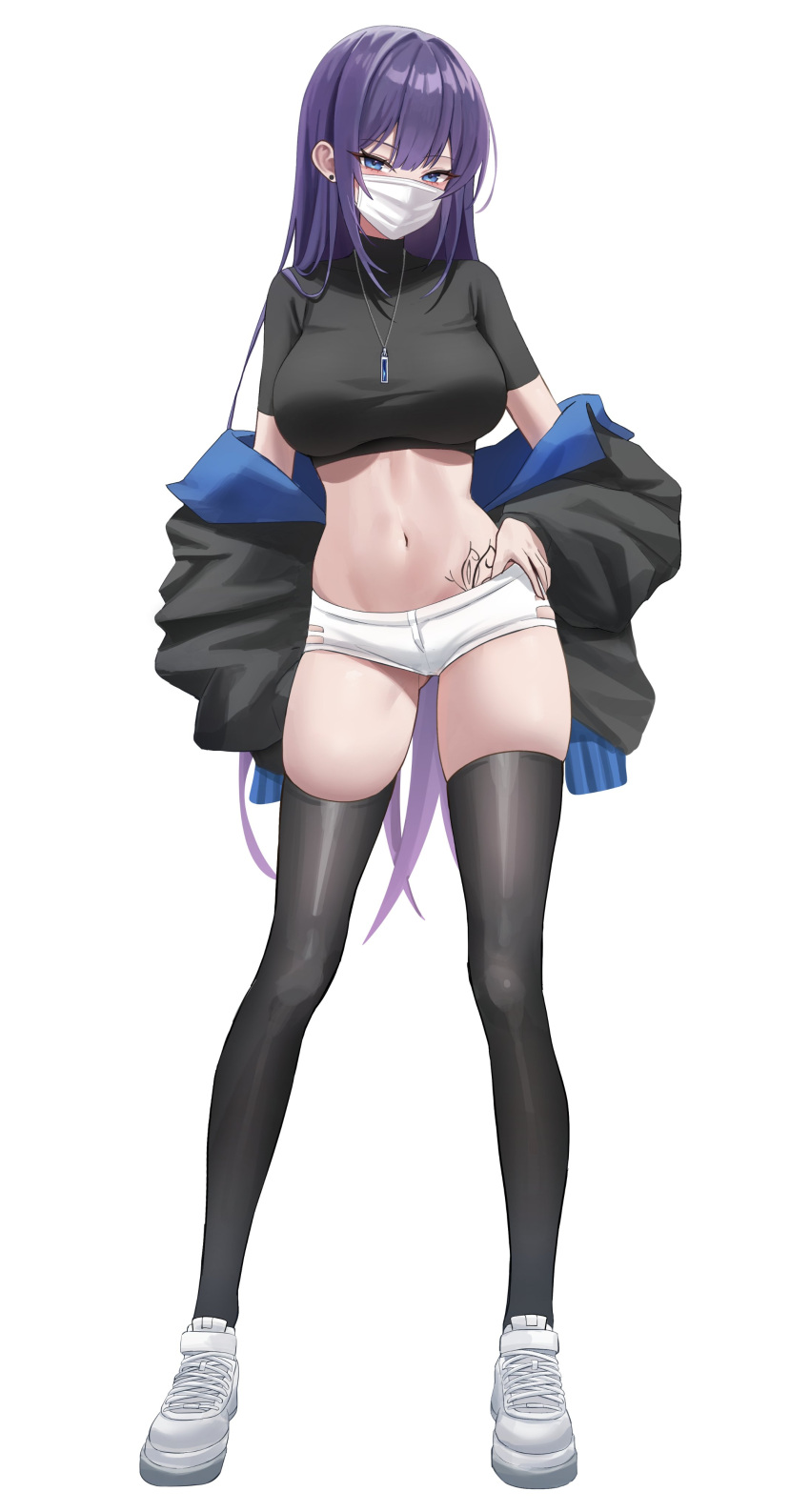 1girls biya blue_eyes booty_shorts breasts crop_top female huge_breasts long_hair long_legs mask midriff original original_character purple_hair short_shorts shorts skindentation tattoo thick_thighs thighhighs yuna_(biya)