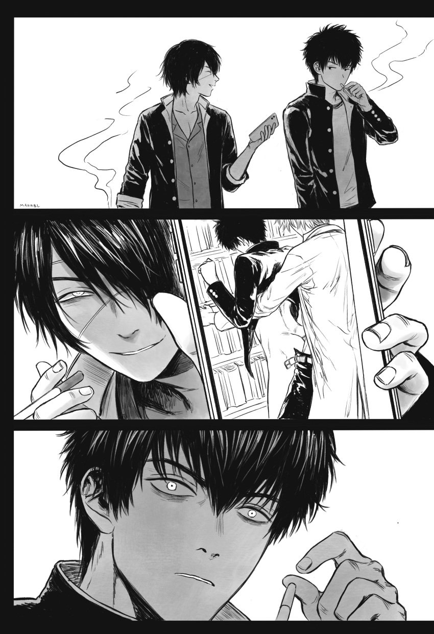 2boys anal anal_sex blackmail bottomless cigarette class_3-z comic from_behind gakuran gintama gintoki_sakata grin hijikata_toshiro implied_anal male male_only marrbl monochrome official_alternate_costume phone photo_(object) school_uniform schoolboy smile smoking takasugi_shinsuke teacher_and_student textless yaoi