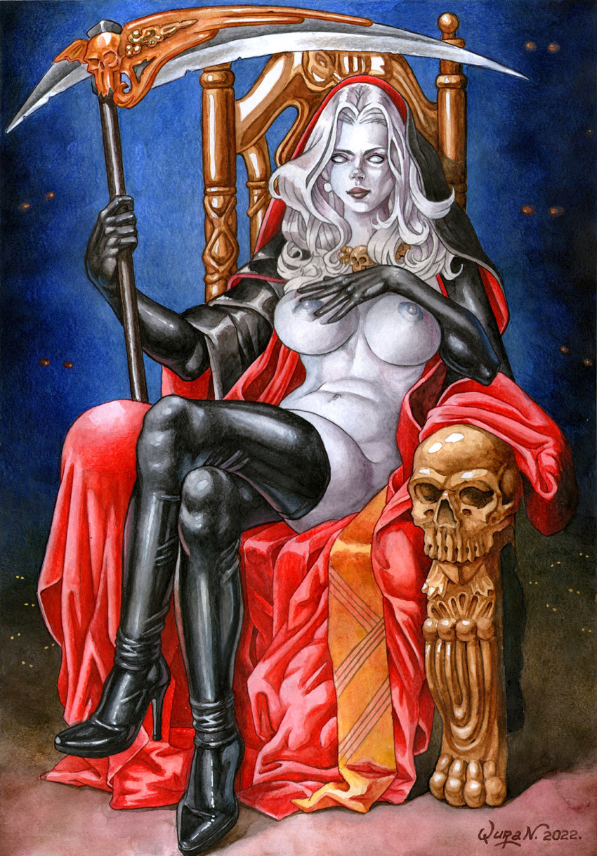 2022 chaos_comics coffin_comics death_(personification) female female_only grim_reaper high_resolution lady_death latex_thighhighs looking_at_viewer queen_of_the_dead scythe seductive_look sitting_on_throne topless_female voluptuous_female white_body white_hair white_sclera yuranart