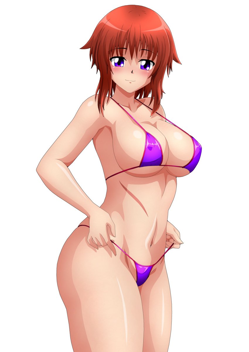 1girls big_breasts bikini bikini_pull busty cleavage hi_res large_breasts legs naomi_kokoro navel orange_hair original purple_eyes seductive seductive_smile sensual short_hair smile solo teasing thighs thong_bikini voluptuous zel-sama