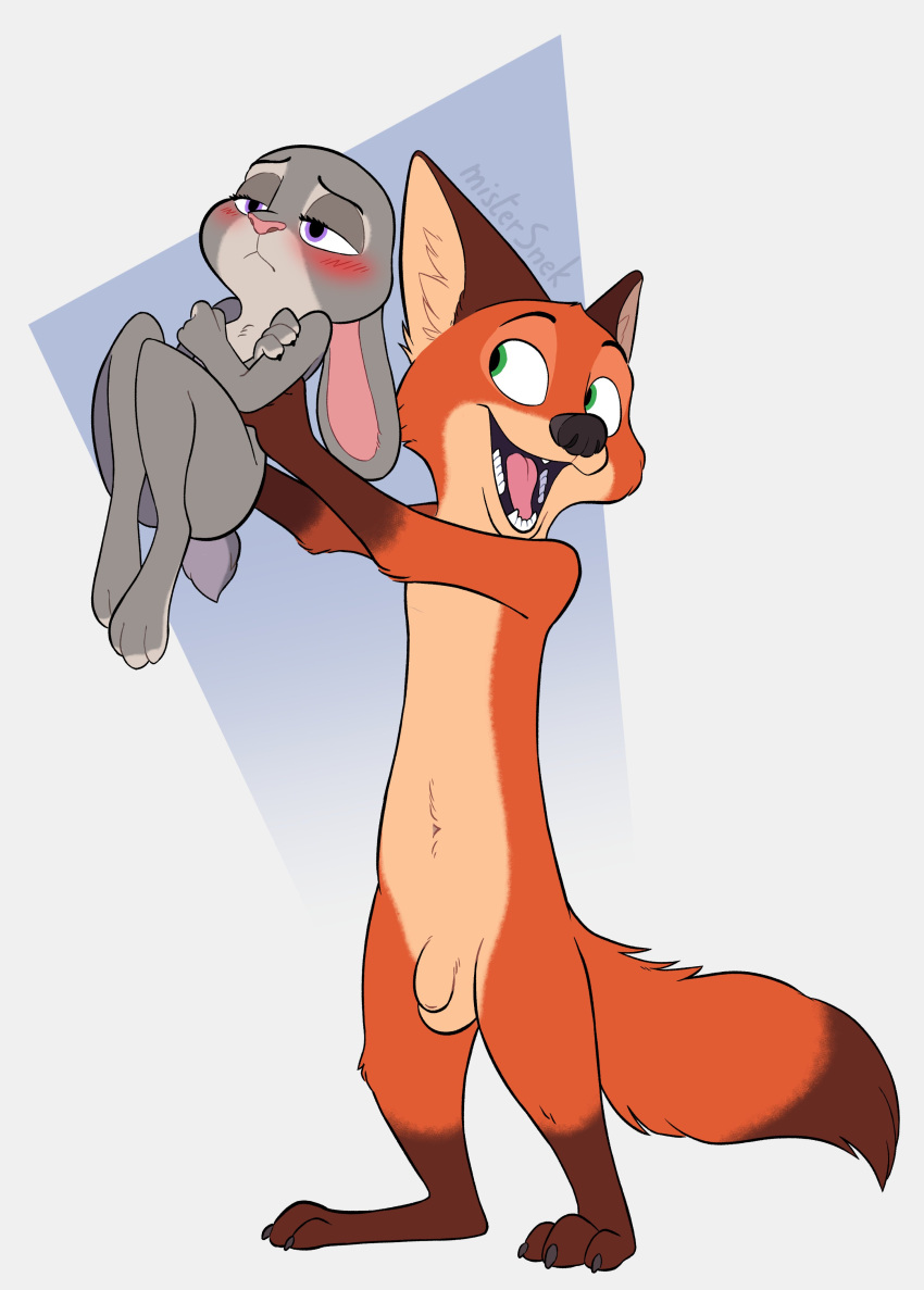 anthro balls blush canine casual_nudity duo female flat_chest fur furry furry_only hi_res judy_hopps larger_male male mistersnek nick_wilde nude penis rabbit size_difference smaller_female standing tail zootopia