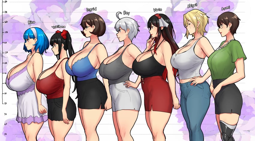 2d 2d_(artwork) 4k 7girls abigail_fahrenheit_(errorkazoo) absurdres ahoge ayumi_(errorkazoo) bakunyuu big_breasts black_hair black_hair_female black_skirt blonde_hair blonde_hair_female blue_hair blue_hair_female blue_jeans breast_comparison breast_size_difference breasts breasts_bigger_than_head brown_hair brown_hair_female bulging_breasts bust_chart candy_blue_hair cleavage clothed cropped_legs dark_brown_hair dark_hair deep_cleavage earrings english_text erkaz erkaz_(artist) erkazooya errorkazoo feet_out_of_frame female female_only floral_background fully_clothed fully_clothed_female green_blouse green_clothing green_shirt grey_hair hairband height_chart height_difference hi_res high_resolution highleg highleg_skirt highres huge_breasts ingrid_braun_(errorkazoo) jeans karinka_katyusha_(errorkazoo) large_breasts lineup long_hair long_hair_female long_skirt massive_breasts mature_female megane multiple_females multiple_girls nightie original original_characters over_1080p pencil_skirt prosthetic prosthetic_leg prosthetic_limb purple_nightie red_eyes red_eyes_female red_hair red_hair_female red_skirt rey_tannhauser_(errorkazoo) rina_atherina rina_atherina_(errorkazoo) scrunchie shiny_hair short_hair short_hair_female side_slit side_view sideboob size_comparison standing tank_top thick_thighs thighs twintails viewed_from_side voluptuous white_hair white_hair_female white_hairband white_skirt wide_hips yukihana_(errorkazoo)