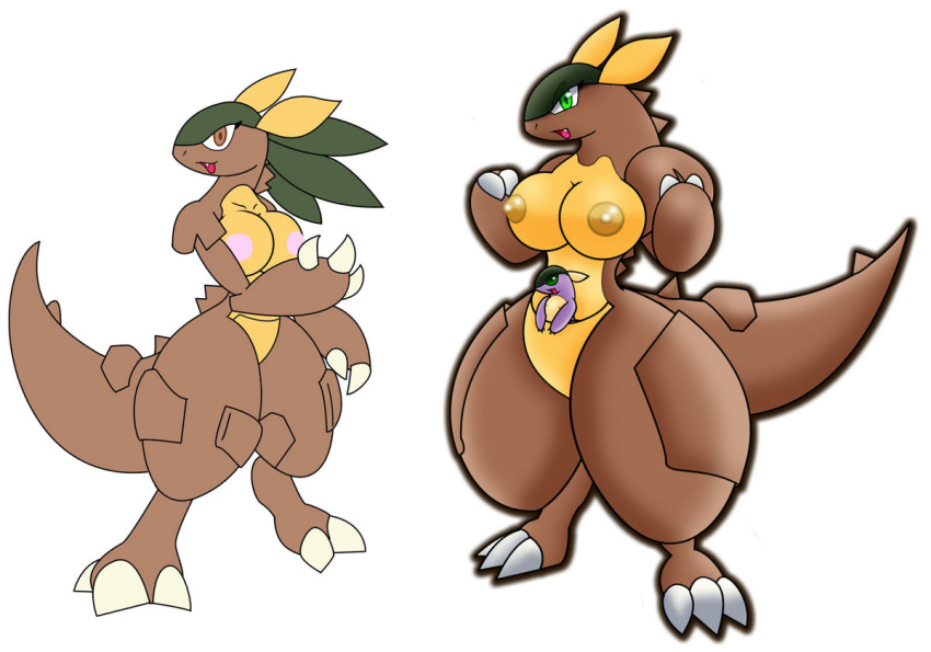 baby_kangaskhan breasts furry furry_only gb_of_bs generation_1_pokemon green_eyes kangaskhan large_breasts nintendo nipples open_mouth pokemon pokemon_(species) pokemon_rgby straight_hair thick_thighs