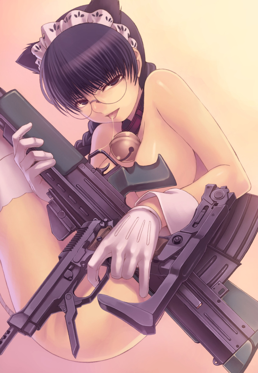 black_lagoon cat_bell cat_ears female glasses gloves gun maid nude pistol rifle roberta tasaka_shinnosuke thick_thighs thighhighs white_thighhighs