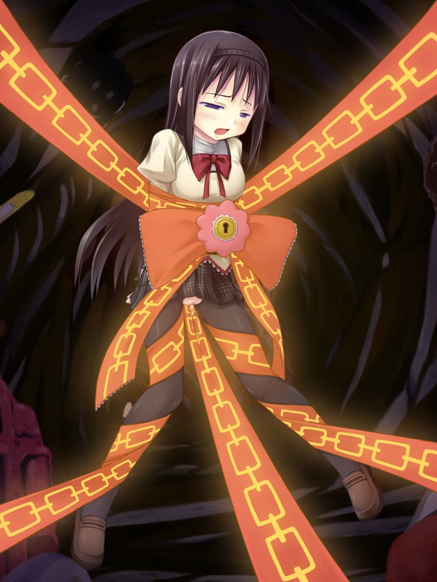 akemi_homura atsushima_you bondage black_hair bondage crotch_ribbon highres keyhole long_hair mahou_shoujo_madoka_magica pantyhose pussy pussy_juice ribbon school_uniform solo torn_clothes torn_pantyhose uncensored