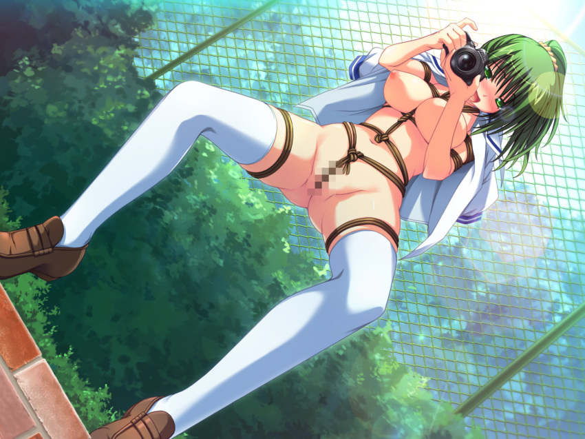 blush bondage breasts camera censored clothing game_cg green_eyes green_hair hoshizuki_akira large_breasts nipples open_clothes open_shirt pussy shirt soushinjutsu_3 soushinjutsu_rei stockings thighhighs