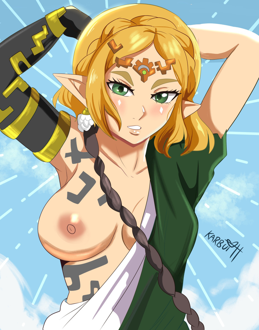 archaic_tunic blonde_hair breasts_out casual clothing earrings female green_eyes hands_behind_head humanoid hylian karbuitt link_(cosplay) one_breast_out pale_skin pointy_ears princess_zelda tears_of_the_kingdom the_legend_of_zelda zelda_(tears_of_the_kingdom) zelda_protagonista