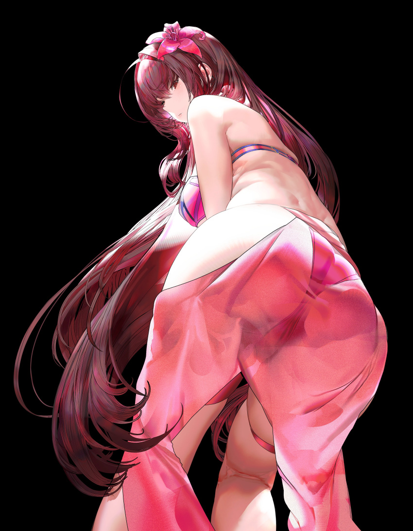 1girls ass_focus bikini bikini_skirt black_background fate/grand_order fate_(series) flower flower_in_hair light-skinned_female long_hair purple_hair red_eyes sapsavana scathach_(fate) scathach_(swimsuit_assassin) see-through see-through_clothing skirt xlxiaoluodiaofa