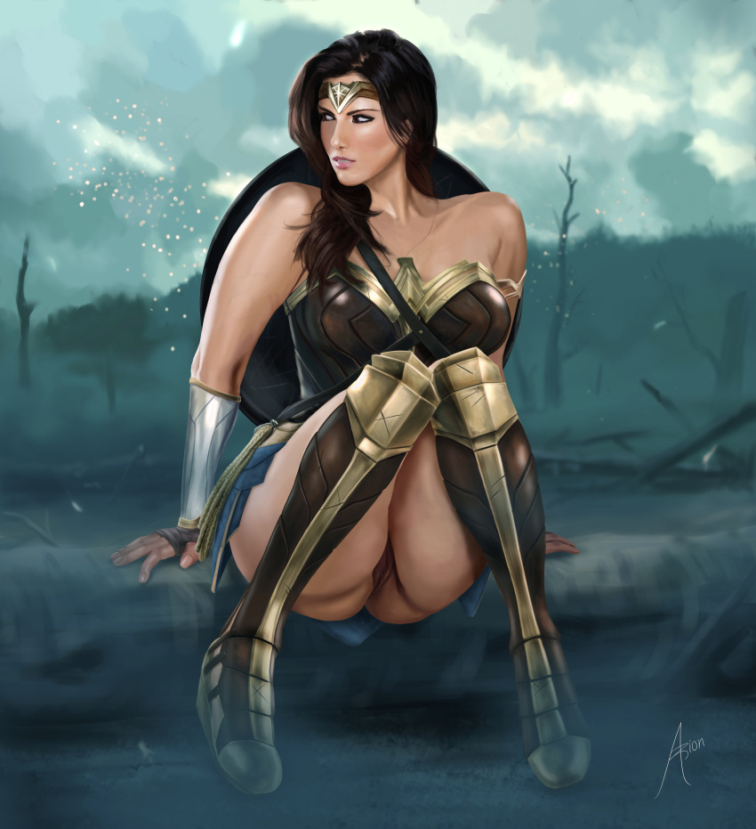 1girls actress amazon amazonian arion69 bangs big_breasts black_hair boots bottomless bracelet bracelets brown_eyes celebrity cloud clouds collar curvy curvy_female dc dc_comics dc_extended_universe dceu detailed detailed_background diana_prince expressions female female_only fingers forest forest_background gal_gadot human human_only lasso lasso_of_truth light-skinned_female light_skin long_hair nails no_panties pussy shield sky solo solo_female solo_focus superheroine thick_ass thick_thighs thighs tiara upskirt vagina wonder_woman wonder_woman_(dceu) wonder_woman_(series)