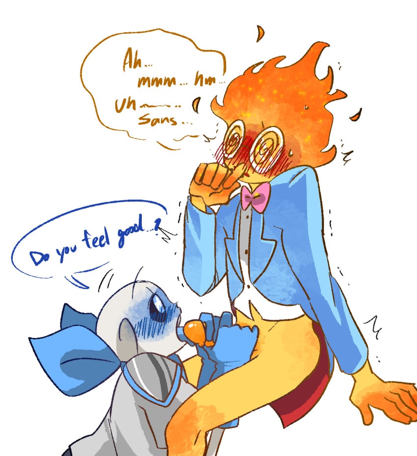 2boys 2d animated_skeleton blue_blush blue_gloves blue_tongue blush bottomless bowtie dialogue duo embarrassed english english_dialogue english_text fellatio gay glasses gloves grillby grillby_au male male/male male_only oral pink_bowtie sans sans_(underswap) sans_au shandrawaka simple_background skeleton speech_bubble spiral_eyes suck sucking sucking_penis talking text undead underswap underswap_grillby underswap_sans undertale undertale_(series) undertale_au white_background yaoi