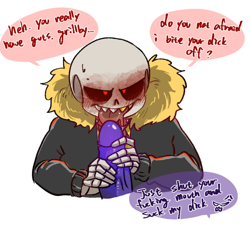 2boys 2d black_sclera blush dialogue english english_dialogue english_text gay golden_tooth grillby grillby_au jacket licking_penis male_only purple_penis red_eyes sans sans_au shandrawaka sharp_teeth skeleton talking text underfell underfell_grillby underfell_sans undertale undertale_(series) undertale_au yaoi