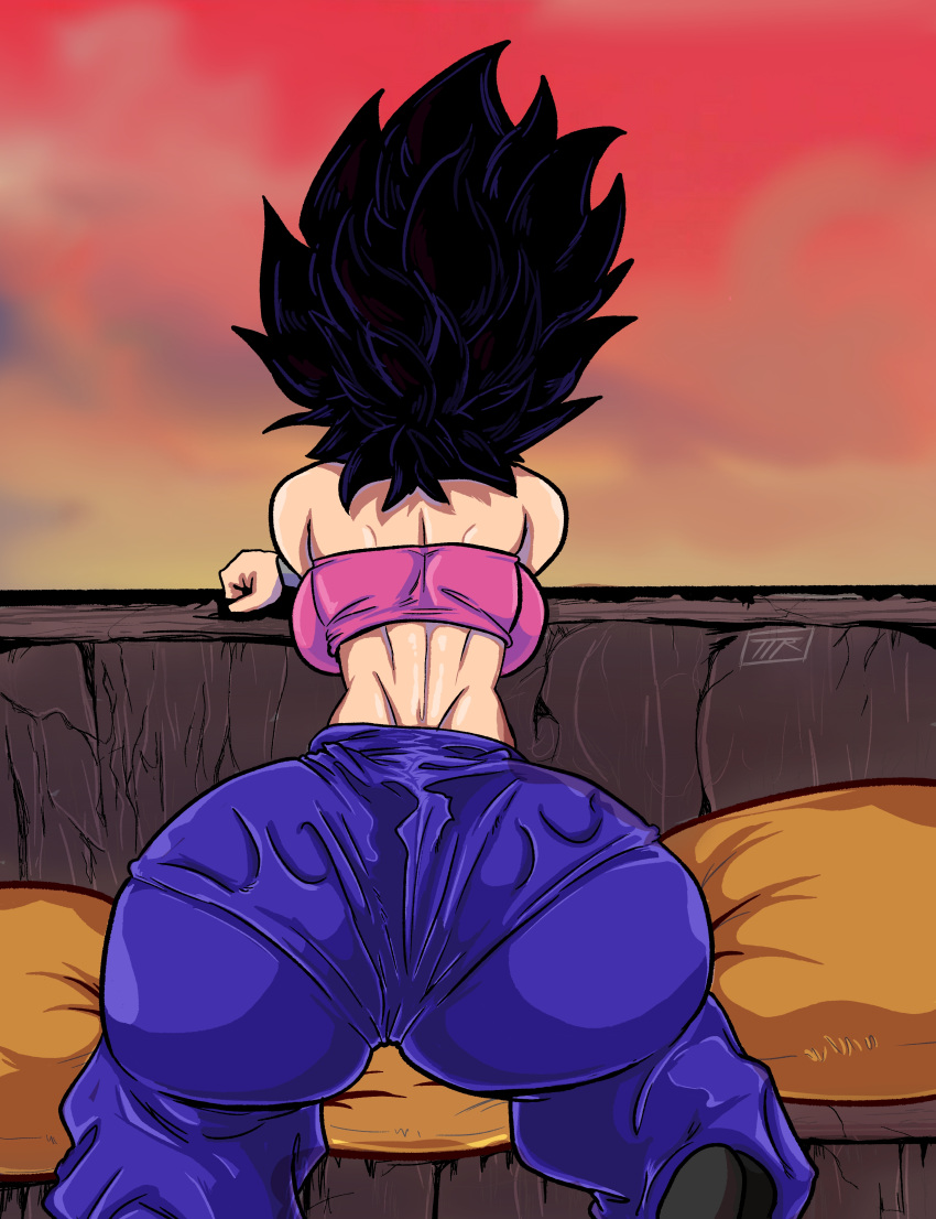 1girls ass back back_view big_ass big_butt black_hair bubble_butt caulifla digital_media_(artwork) dragon_ball dragon_ball_super female female_focus female_only harem_pants hi_res highres kneeling kojoarts leaning_forward looking_out magenta_clothing naughtypaw_(artist) purple_pants saiyan saiyan_girl sideboob skinny_waist solo spiky_hair sunset topwear ttherandom tthrandom tthrandom_rp tubetop underwear_outline wild_hair