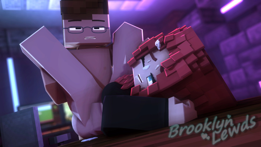 1boy 1girls 3d ambiguous_penetration blue_eyes brooklyn_(brooklynlewds) brooklynlewds clothing computer cum cum_in_hair cum_inside cum_on_face female glasses indoors legs_apart long_sleeves male mine-imator minecraft missionary_position nude nude_male red_hair sex sex_on_floor shirt spread_legs