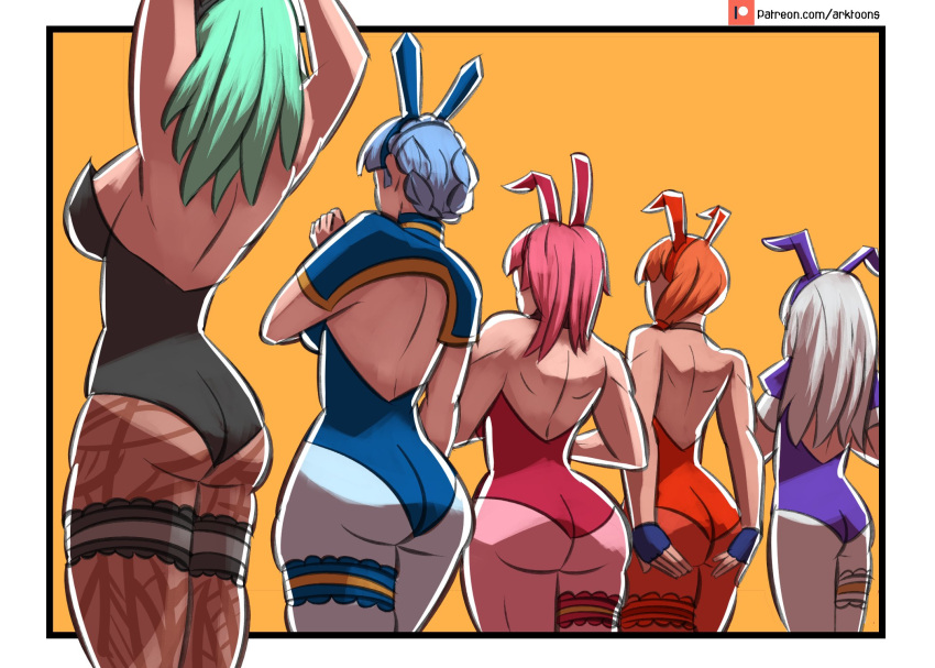 5girls alternate_costume alternate_version_available arktoons arms_up ass ass_hold back back_view backless_outfit bare_back big_ass blue_hair braid breasts bunny_ears bunny_girl bunnysuit byleth_(fire_emblem) byleth_(fire_emblem)_(female) female female_only fingerless_gloves fire_emblem fire_emblem:_three_houses gloves green_hair hair_over_shoulder hands_together hilda_valentine_goneril large_ass leonie_pinelli leotard light_blue_hair lineup long_hair lysithea_von_ordelia marianne_von_edmund medium_breasts medium_hair multiple_girls nintendo orange_background orange_hair pantyhose pink_hair ponytail side_ponytail thighs white_hair year_of_the_rabbit