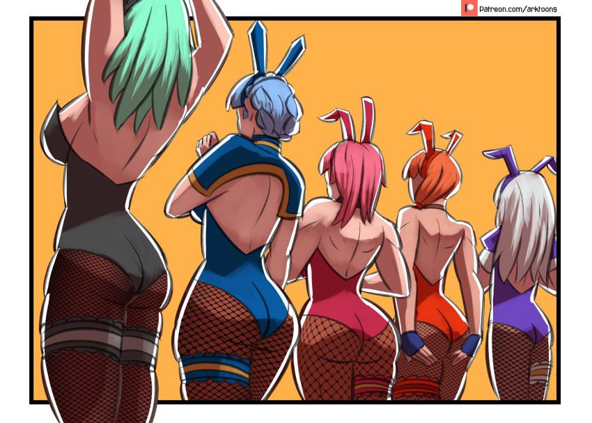 5girls alternate_costume alternate_version_available arktoons arms_up ass ass_hold back back_view backless_outfit bare_back big_ass blue_hair braid breasts bunny_ears bunny_girl bunnysuit byleth_(fire_emblem) byleth_(fire_emblem)_(female) female female_only fingerless_gloves fire_emblem fire_emblem:_three_houses fishnet_legwear fishnets gloves green_hair hair_over_shoulder hands_together hilda_valentine_goneril large_ass leonie_pinelli light_blue_hair lineup long_hair lysithea_von_ordelia marianne_von_edmund medium_breasts medium_hair multiple_girls nintendo orange_background orange_hair pantyhose pink_hair ponytail side_ponytail thick_thighs thighs white_hair year_of_the_rabbit