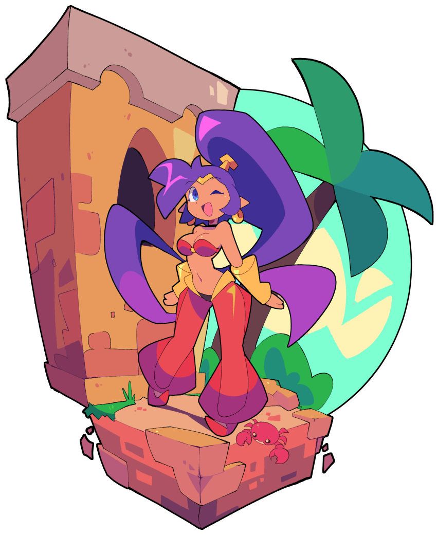 1girls 2020s 2022 bacumng bacunng baggy_clothing blue_eyes breasts clothed clothing dark-skinned_female dark_skin female female_only full_body happy highres human long_hair navel one_eye_closed open_mouth partially_clothed ponytail purple_hair shantae shantae_(character) smile smooth_skin solo standing transparent_background wide_hips