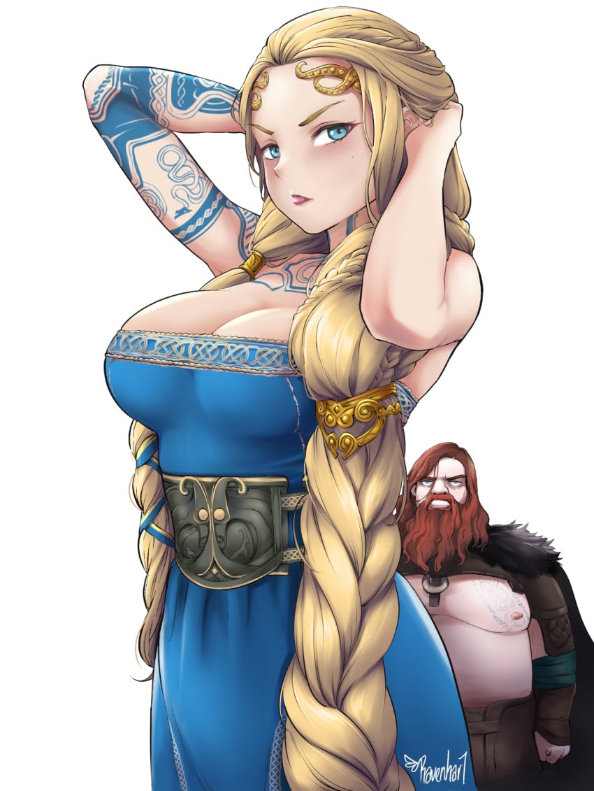 1boy 1girls aesir_(norse_mythology) beard blonde_hair blue_dress blue_eyes braided_hair breasts cleavage clothed clothed_female fat_man front_view fully_clothed god_of_war god_of_war_ragnarok long_hair looking_at_viewer massive_pink milf mother mythology norse_mythology ravenhart red_hair sapsavana sif_(god_of_war) tattoo tattooed_arm tattoos thor_(god_of_war) twitter_username white_background