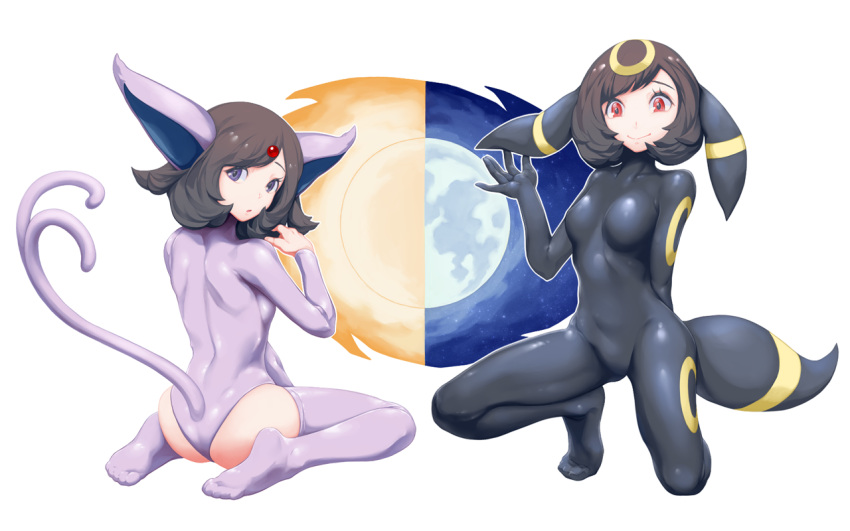 animal_ears black_bodysuit bodysuit brown_hair cosplay creatures_(company) espeon espeon_(cosplay) fake_animal_ears fake_tail forehead_jewel game_freak gen_2_pokemon kneeling looking_at_viewer looking_back mk_(mikka) moon nintendo pokemon pokemon_(cosplay) pokemon_(game) pokemon_sm red_eyes selene_(pokemon) sitting skin_tight smile sun tail umbreon umbreon_(cosplay) waving