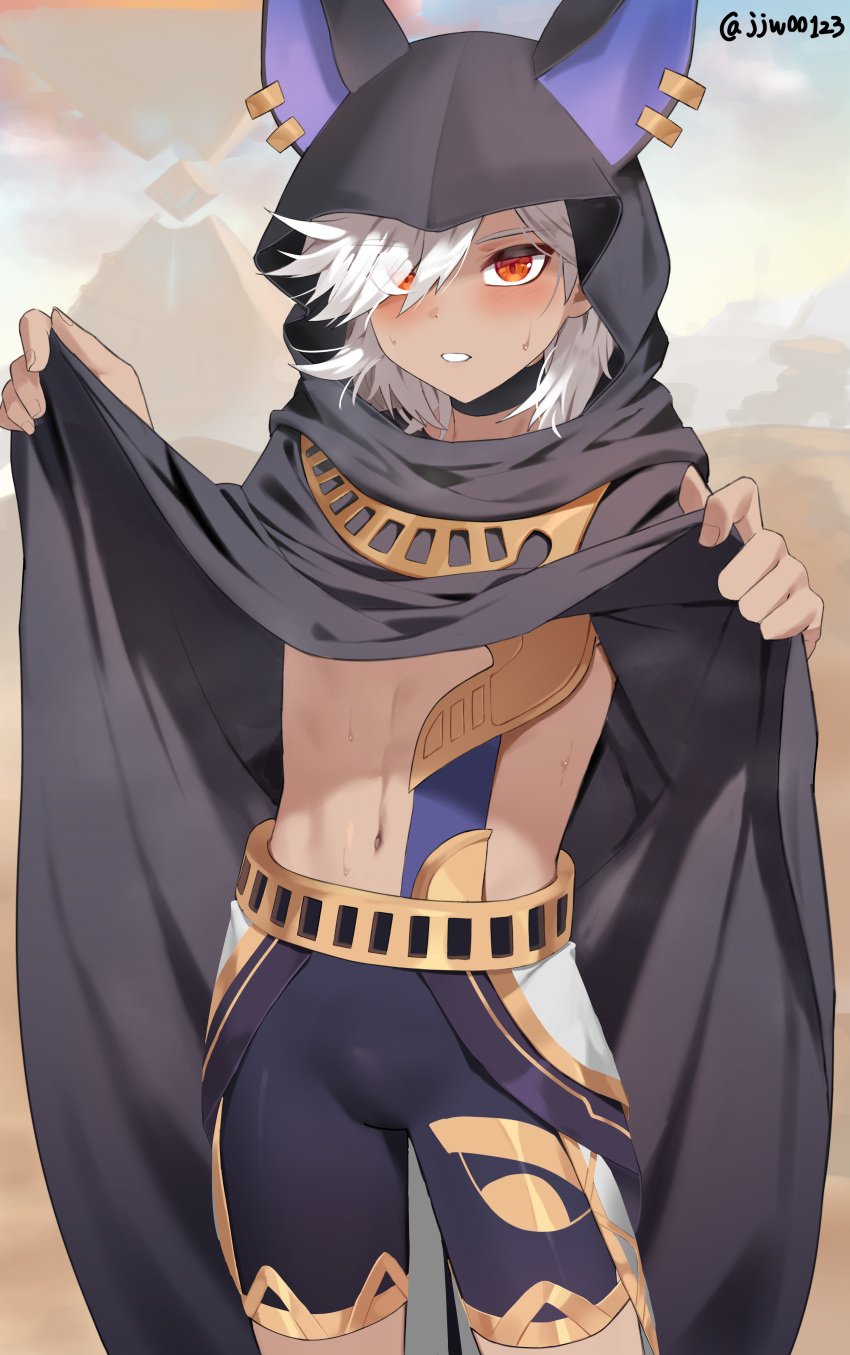 1boy cute_male cyno_(genshin_impact) dark-skinned_male dark_skin g1_(artist) genshin_impact hoyoverse jjw1029 male male_focus male_only mihoyo red_eyes twink white_hair